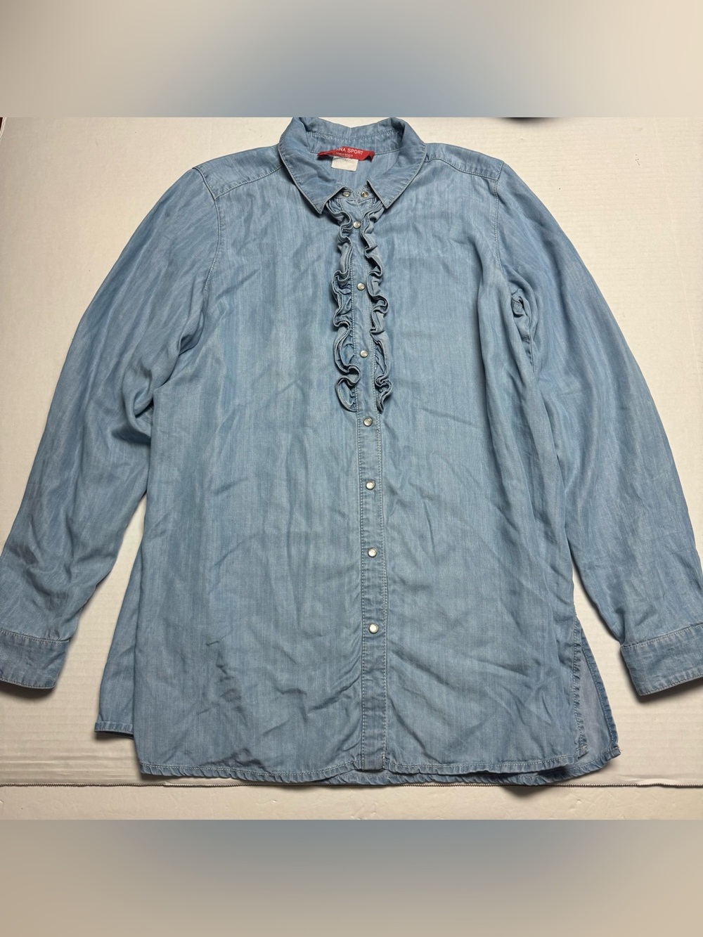 Marina Sport by Marina Rinaldi Blue Ruffled Snap Button Lyocell Denim Shirt 23